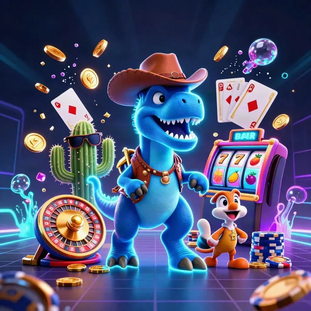 Cowboy T-Rex, cactus sidekick, and roadrunner amid casino coins, chips, reels, and neon cosmic glow