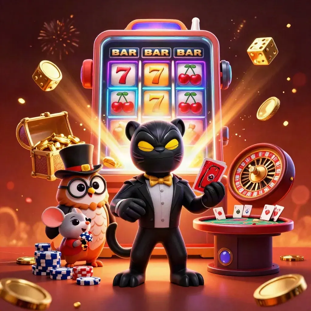 Panther dealer, owl, and mouse amid casino jackpots, coins, fireworks, and neon glow.