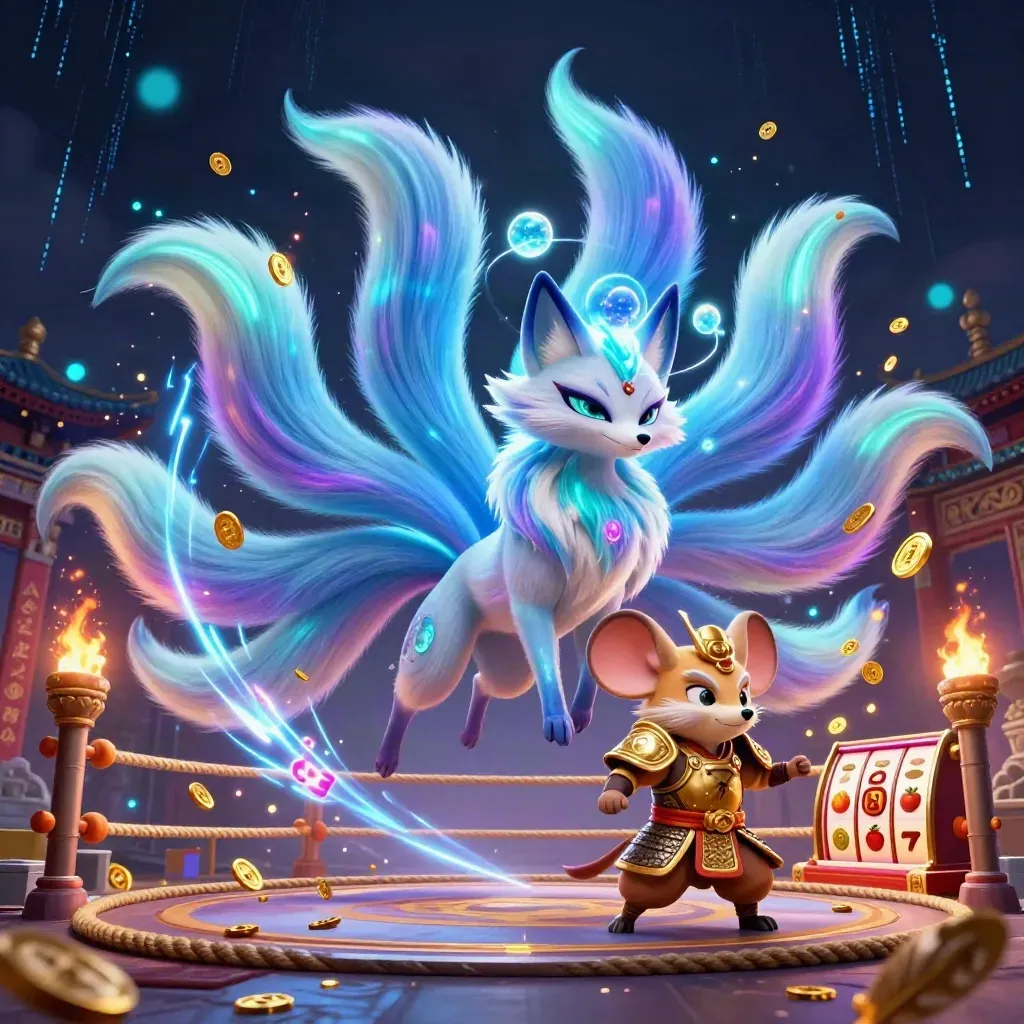 Neon nine-tailed fox spirit and golden samurai mouse amid casino reels and cosmic effects.