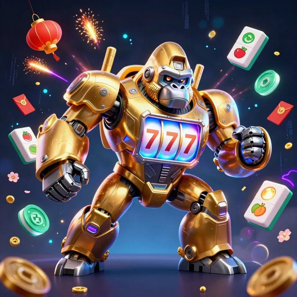 Golden gorilla slot mech with tiny monkey pilot, reels, lanterns, coins, and neon cosmic casino effects