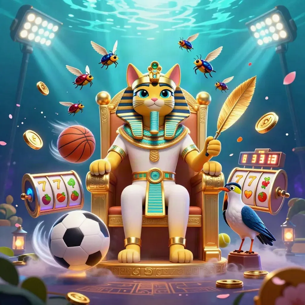 Pharaoh cat on gold throne with ibis scribe, gem scarabs, balls, coins, and neon casino effects