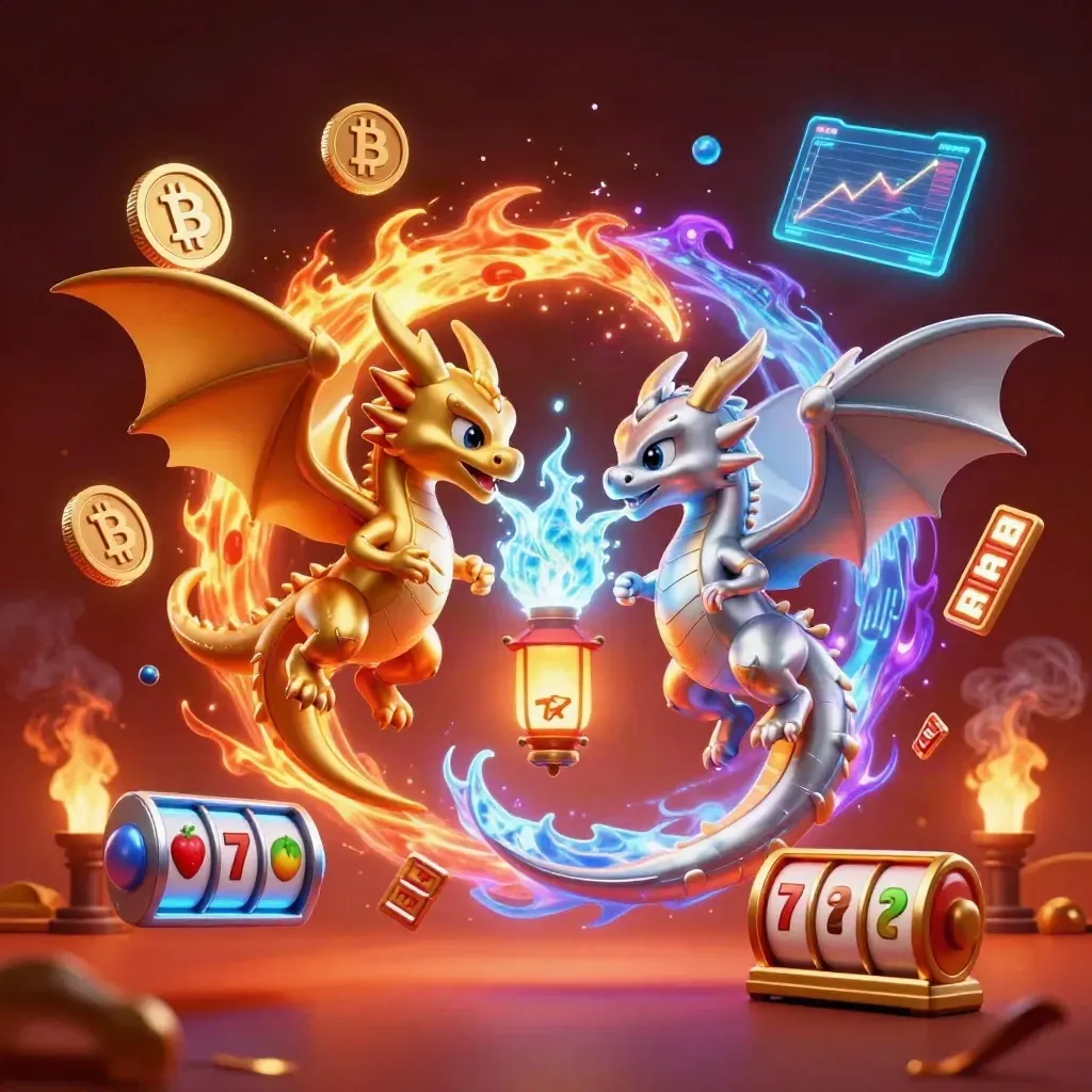 Twin gold and silver dragons spiral with a lantern spirit amid neon casino coins and sparks.