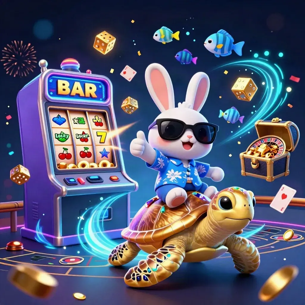 Lucky rabbit rides a golden turtle amid casino icons, neon sparks, and gold treasure