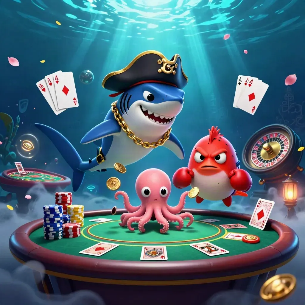 Pirate shark, boxing pufferfish, and juggling octopus amid neon casino cards and chips