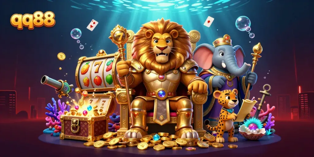 Experience thrilling moments at qq88 with a lion king, an elephant advisor, and a cheetah messenger in a vibrant casino scene.