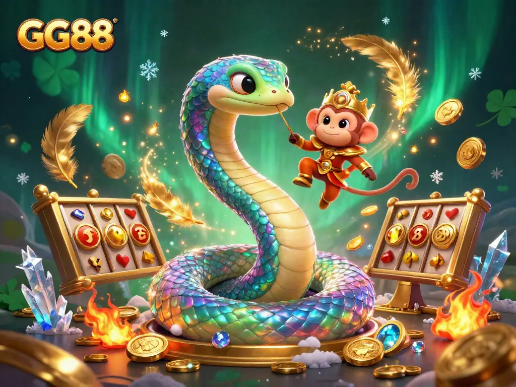 Engage with the captivating GG88 experience, showcasing a vibrant casino scene with a rainbow serpent and golden monkey king.