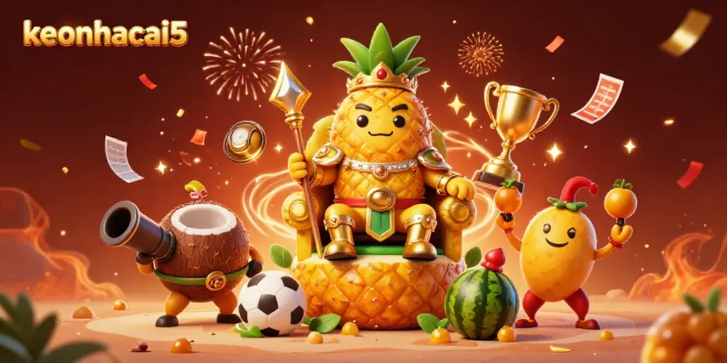 Witness the excitement of keonhacai5 as the pineapple king reigns over a festive beach casino with sports themes.