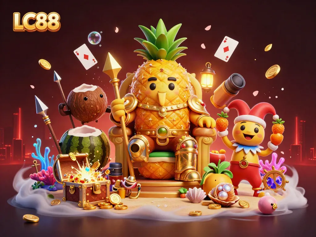 Experience excitement at LC88's vibrant casino scene with a golden pineapple king and energetic companions.