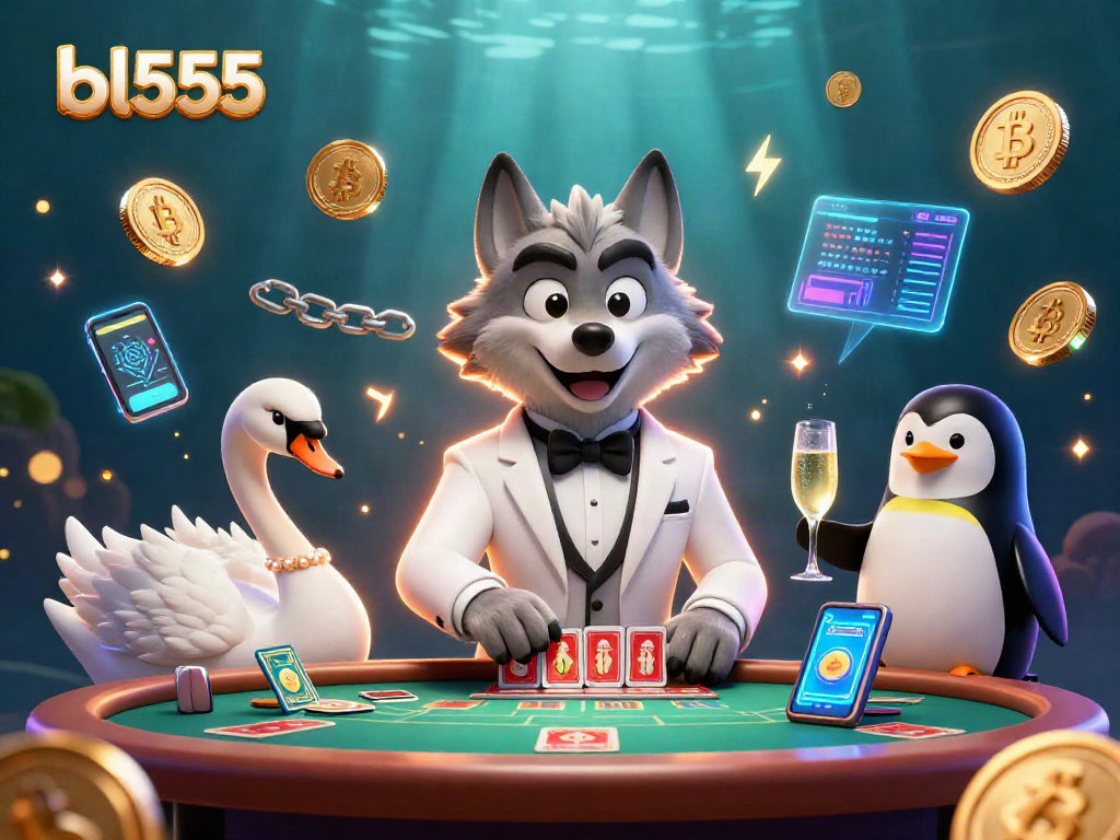 Experience bl555's casino excitement with a debonair wolf, elegant swan, and penguin presenting champagne at a baccarat table.