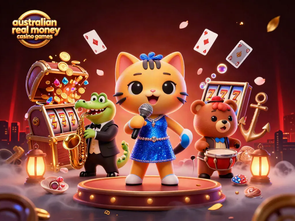 Experience thrilling australian real money casino games with top animated characters in a vibrant casino setting.