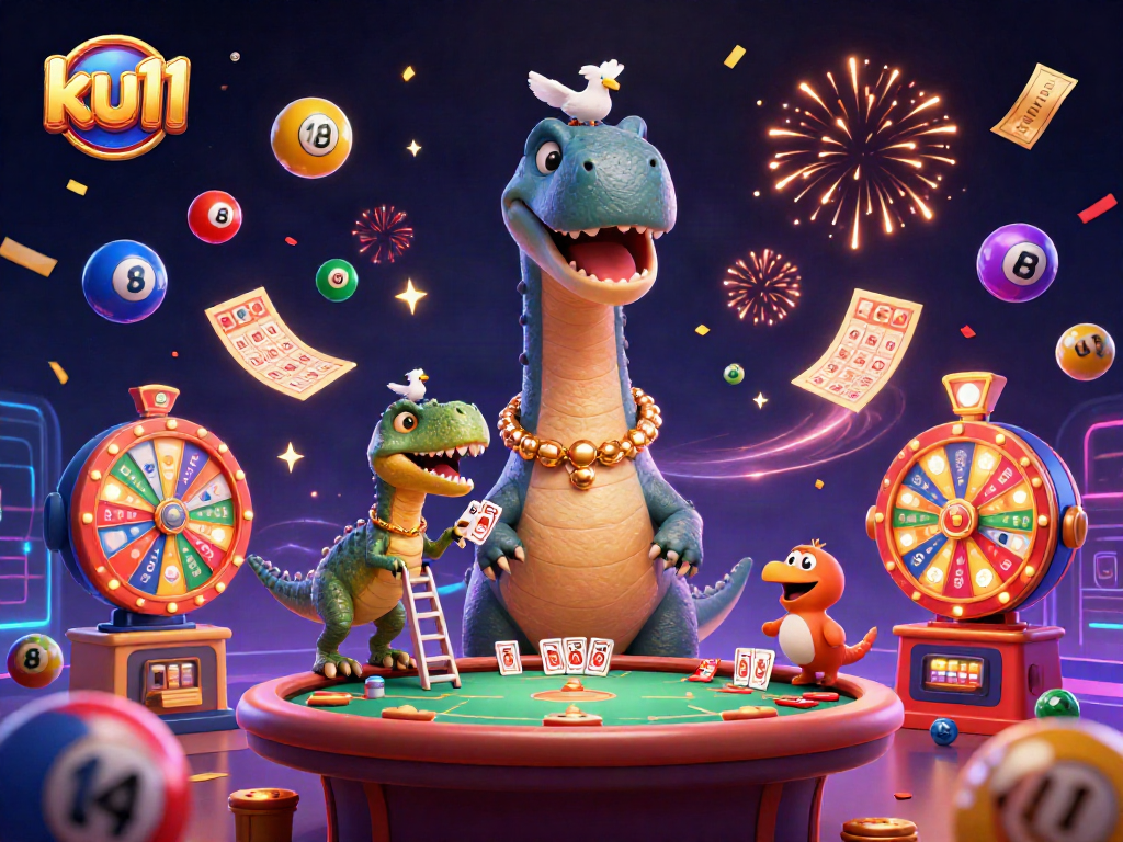 Join the fun at ku11 as a brontosaurus gazes over a lively poker game in this colorful casino scene.