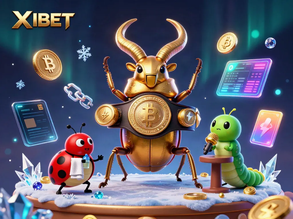Engage with XIBET's thrilling gaming experience featuring a giant beetle boxing champion in an electrifying casino scene.