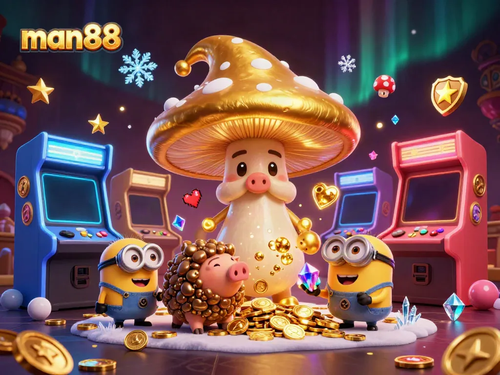 Experience exciting gaming adventures with man88's golden wizard and treasure-hunting minions in a vibrant casino scene.