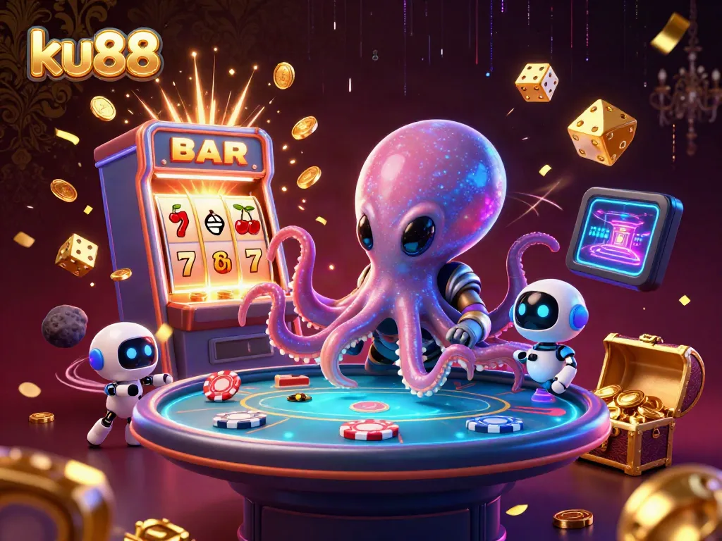 Engage with ku88's vibrant alien casino scene featuring thrilling poker and slot action.