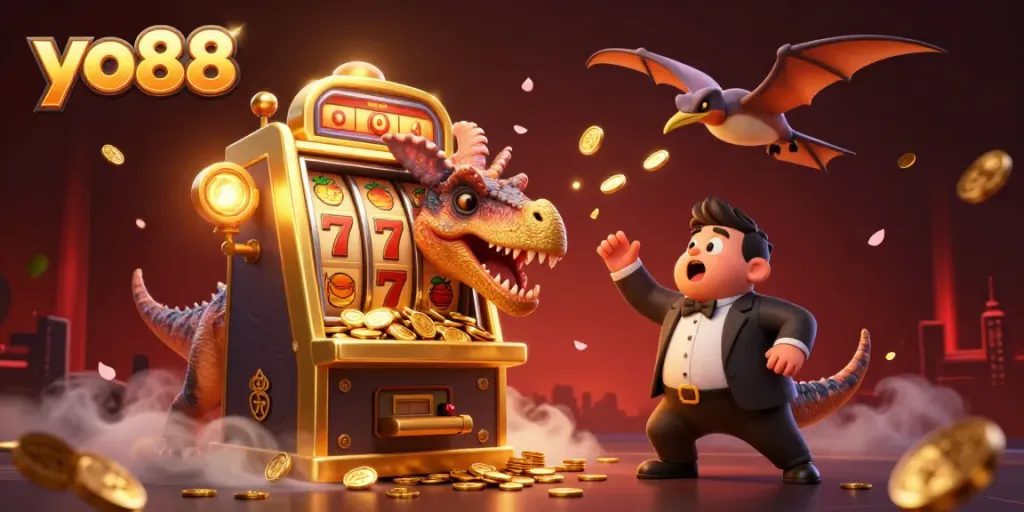 Experience yo88 excitement as an animated pachycephalosaurus activates a golden slot machine jackpot.