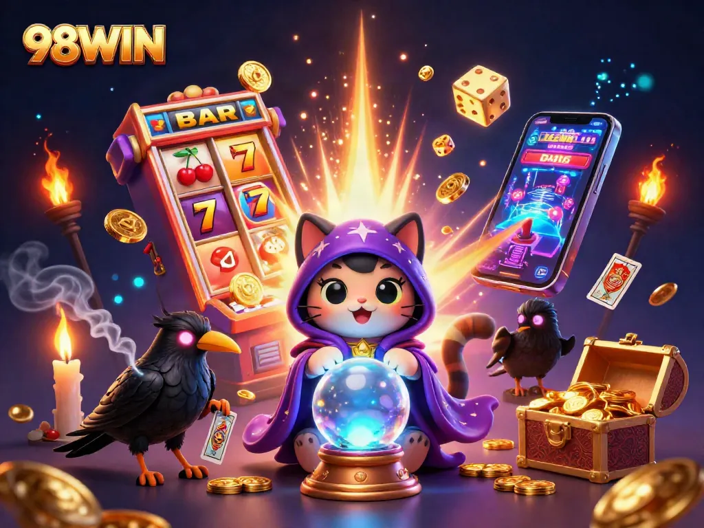 Spin the reels with 98WIN in a vibrant 3D casino scene featuring fortune tellers and jackpots.