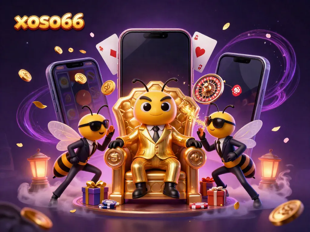 Engage with xoso66's vibrant casino world, where a bumblebee mob boss leads in a shimmering, rich illustration.