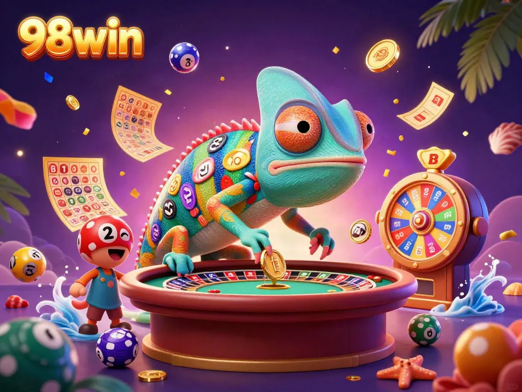 Experience thrilling gaming at 98win with dynamic lottery balls and an engaging chameleon casino owner.