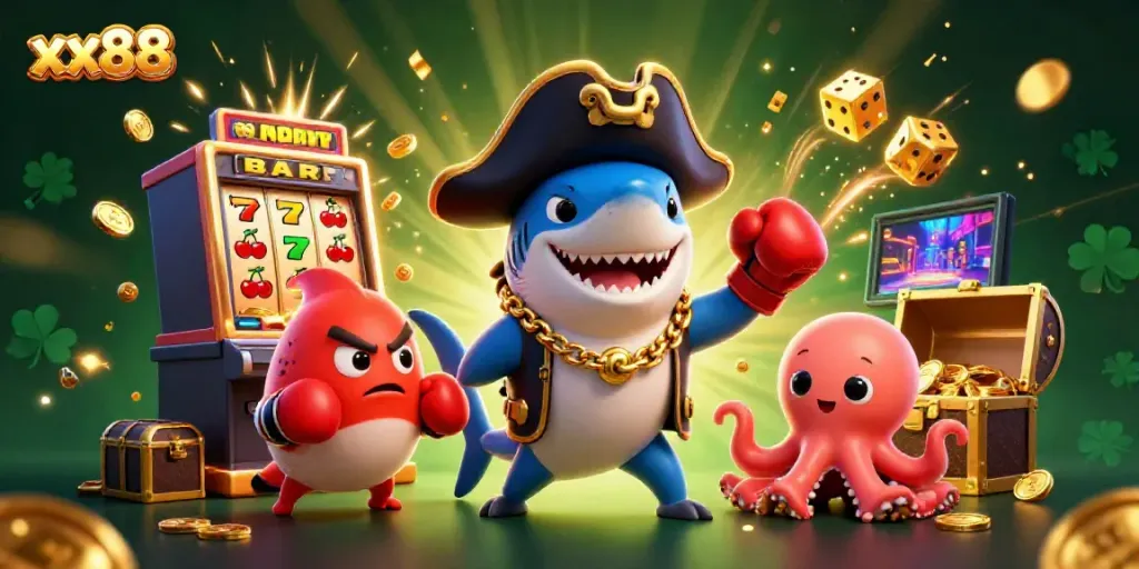 Spin the reels at xx88 with a lively casino scene featuring playful sea creatures and exciting gameplay.