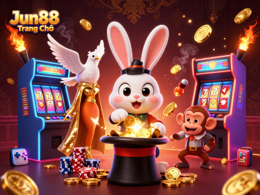 Experience thrilling fun at Jun88 Trang Chủ with the magical rabbit pulling coins and dynamic casino elements.