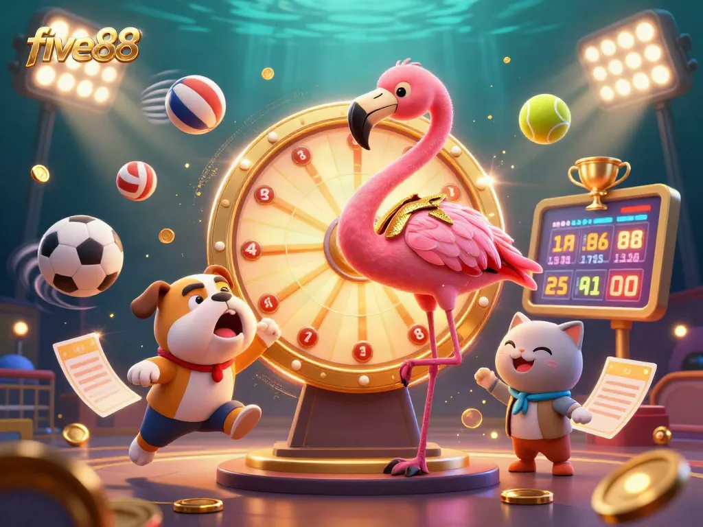 Experience the excitement of five88's casino gaming with lively characters in a vibrant, dynamic game show scene.