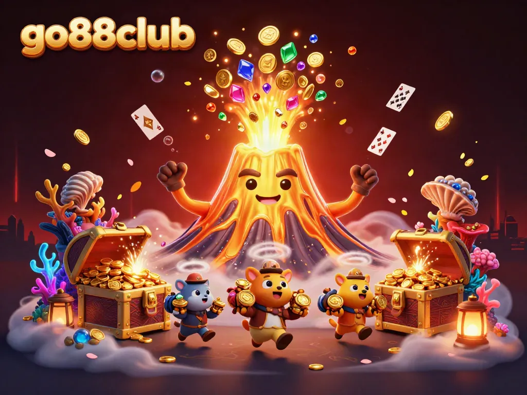Experience thrilling gameplay with go88club as the golden volcano erupts treasure in this vibrant 3D scene.