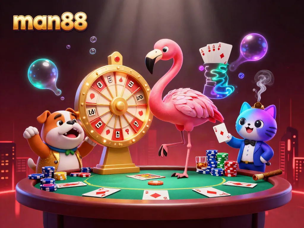 Experience excitement at man88 with 3D characters celebrating gaming wins, showcasing vibrant poker elements.