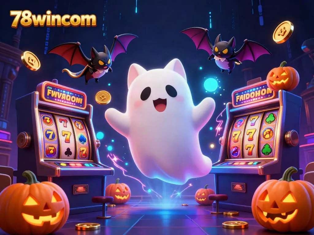 Engage in thrilling gameplay at 78wincom with a cat ghost and vampire bat in a vibrant haunted casino.