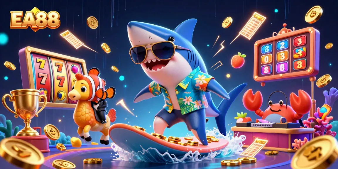 Experience excitement at EA88 with a whimsical scene featuring a shark, seahorse, and crab immersed in casino-themed fun.