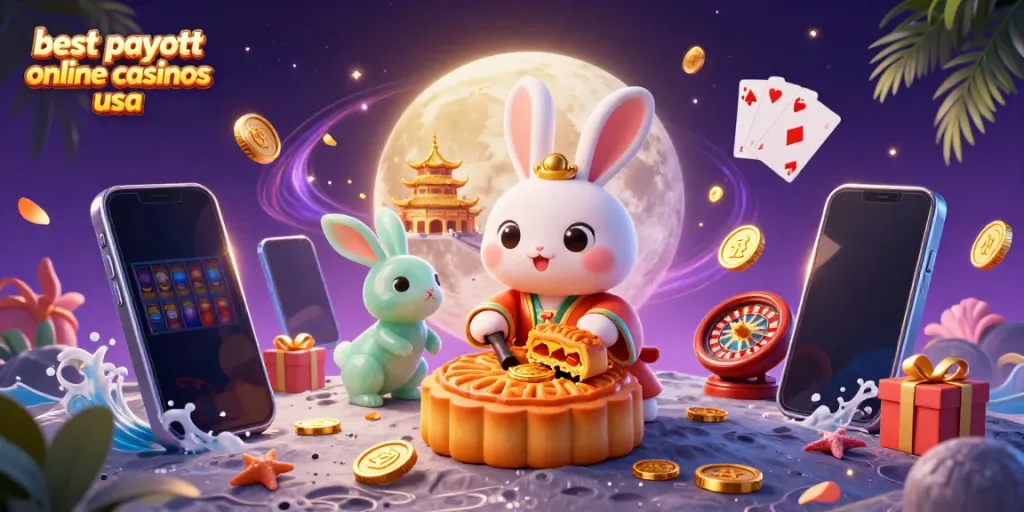 Experience the excitement with the best payout online casinos usa showcasing a lively moon rabbit casino scene.