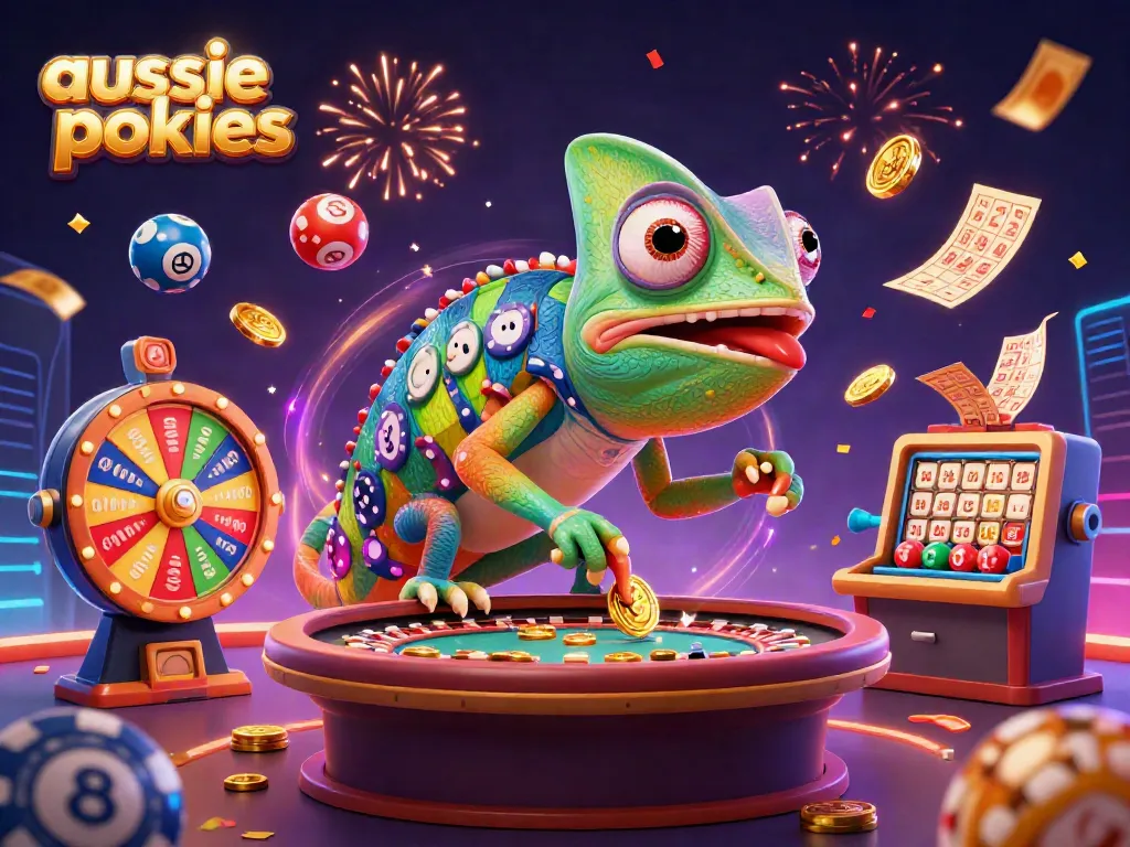 Aussie pokies scene with dynamic lottery elements and a chameleon casino owner catching coins.