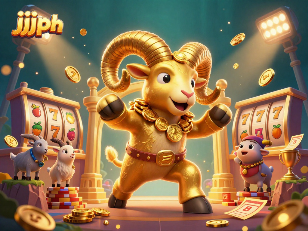 Walang kapantay na 3D na ilustrasyon ng jjjph na nagpapakita ng gintong ram at mga slot reels sa masaya at puno ng detalye na tanawin.