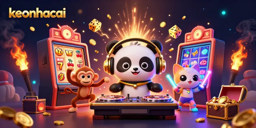 Experience the excitement of keonhacai with a DJ panda, breakdancing monkey, and festive kitten.