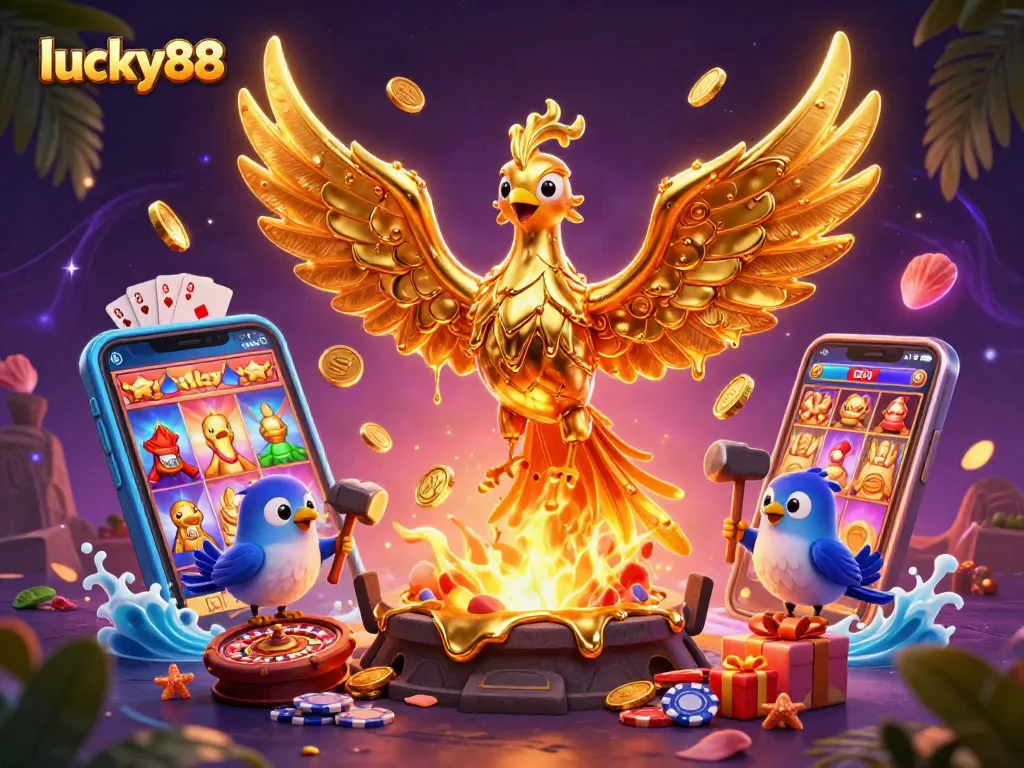 Experience lucky88 with a golden phoenix and vibrant slot games, enticing players to join the excitement.