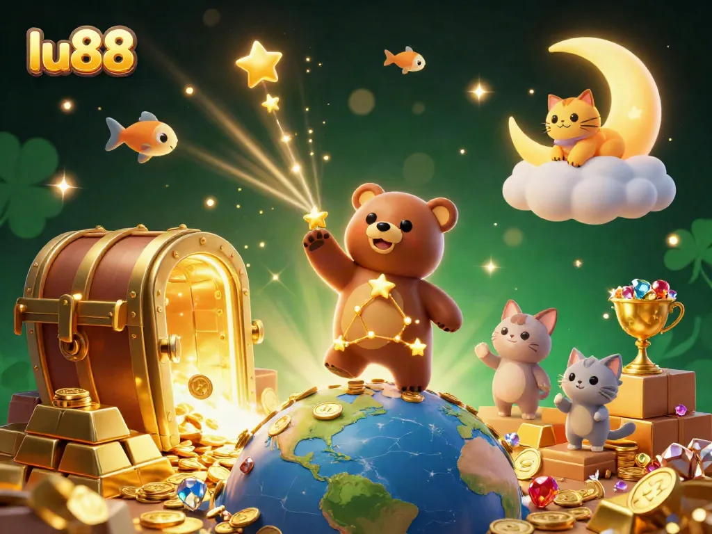 Experience the thrill of lu88 with vibrant 3D casino characters gathering treasures in a magical night sky.