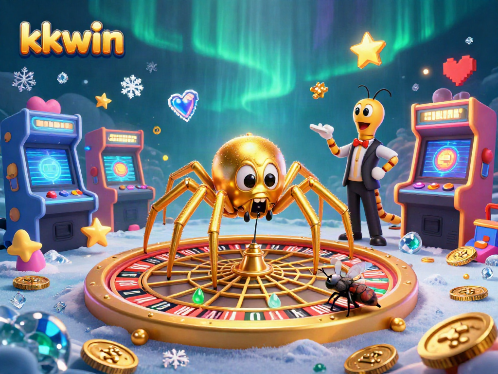 Place bets at kkwin with a golden web roulette and 3D game elements in vibrant casino scene