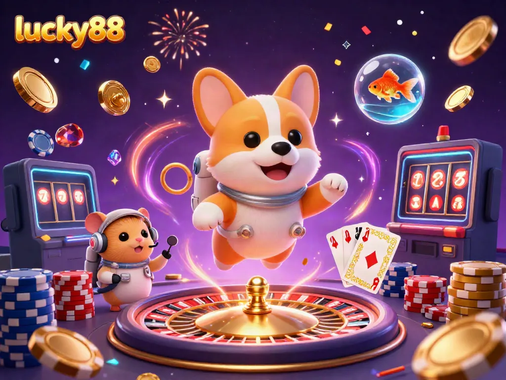 Engage in thrilling casino adventures with lucky88 in a vibrant, floating space scene featuring colorful coins
