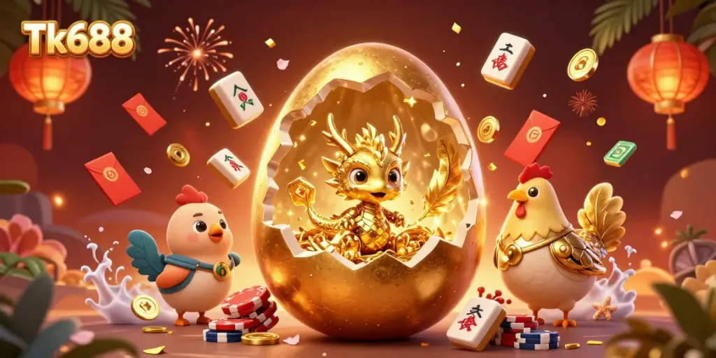 Experience the captivating charm of Tk688 with golden casino elements and vibrant 3D visuals.