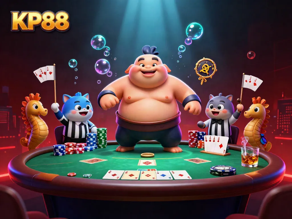 Watch KP88 come alive with vibrant underwater casino action featuring a fugu in a sumo belt and poker elements.