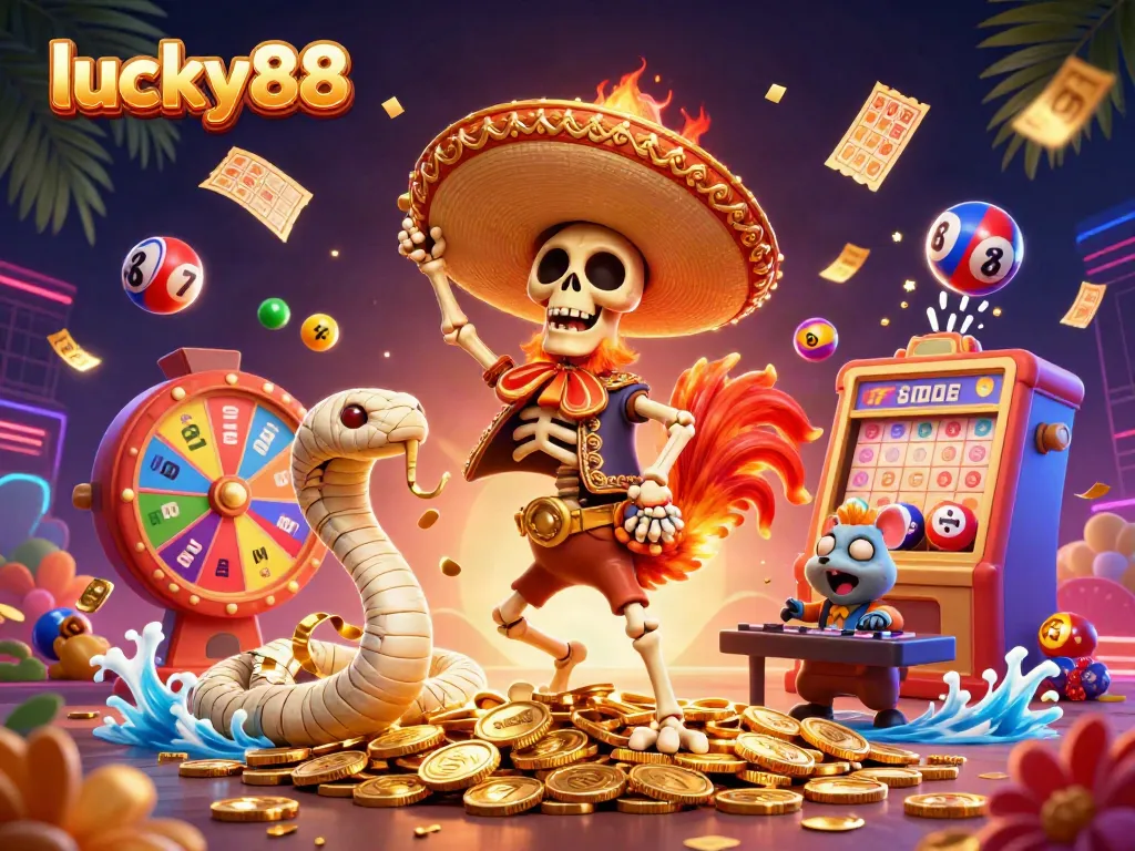 Engaging lucky88 scene with a mariachi rooster, mummy snake, and DJ hamster celebrating on gold coins.