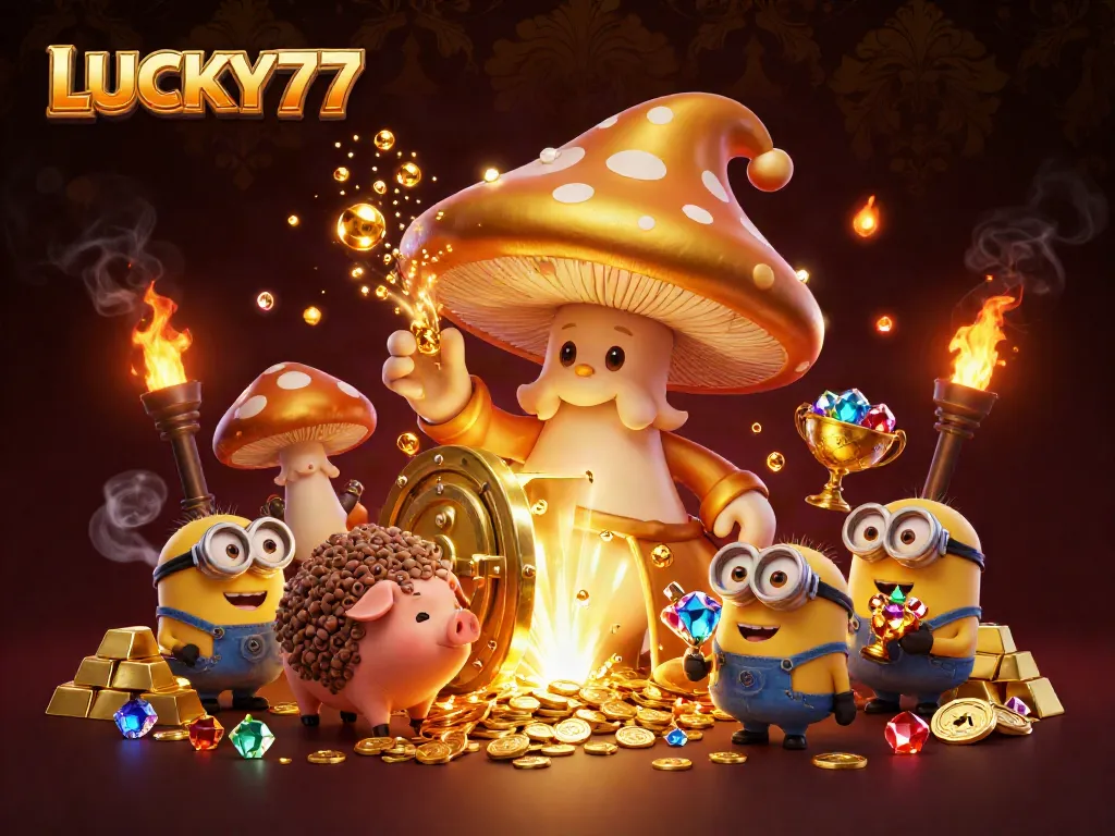 Experience the excitement of LUCKY77 in this vibrant 3D illustration featuring magical winning elements and treasures.