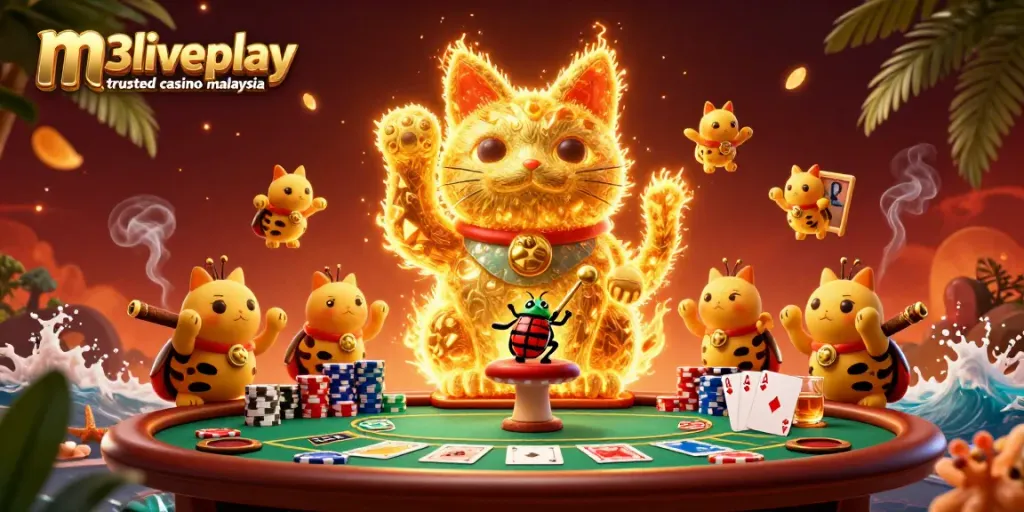 Engage in thrilling gameplay at m3liveplay trusted casino malaysia featuring a dynamic lucky cat and vibrant gaming elements.