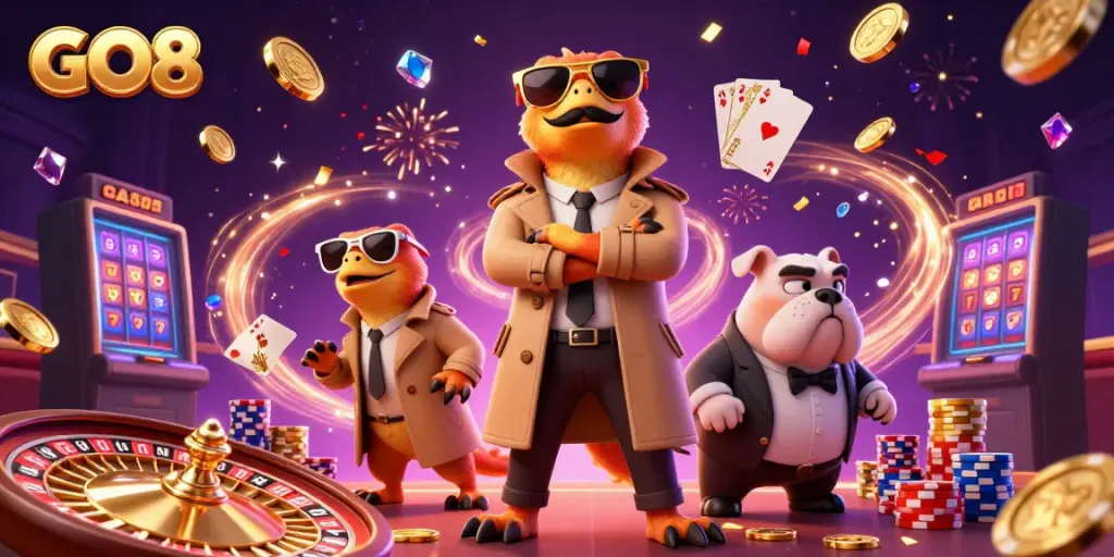 GO8 raptors dressed as a person entering a VIP casino lounge with falling coins and gems.