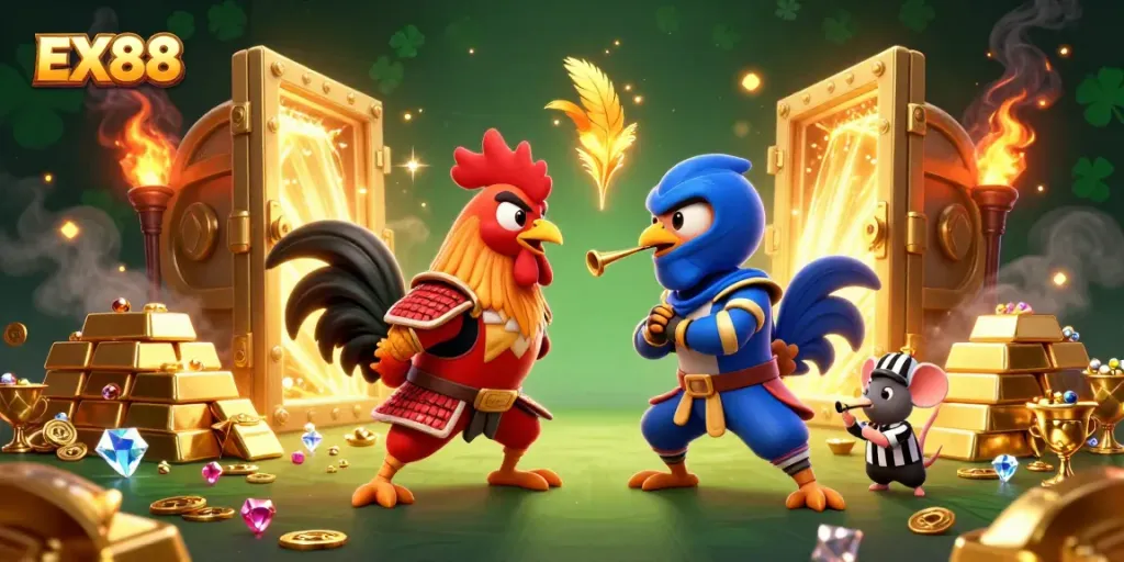 EX88 boisterously showcases a thrilling standoff between roosters in a vibrant casino setting.