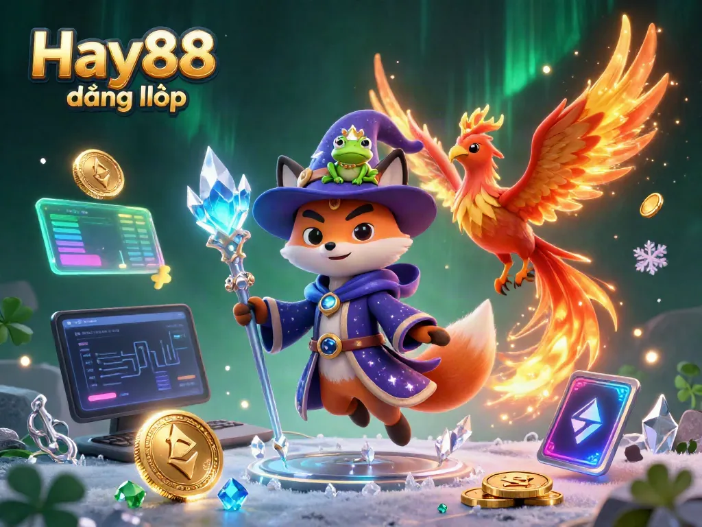 Engage in thrilling gameplay with Hay88 đăng nhập showcasing a mystical wizard fox and fiery phoenix, enriched with crypto elements.