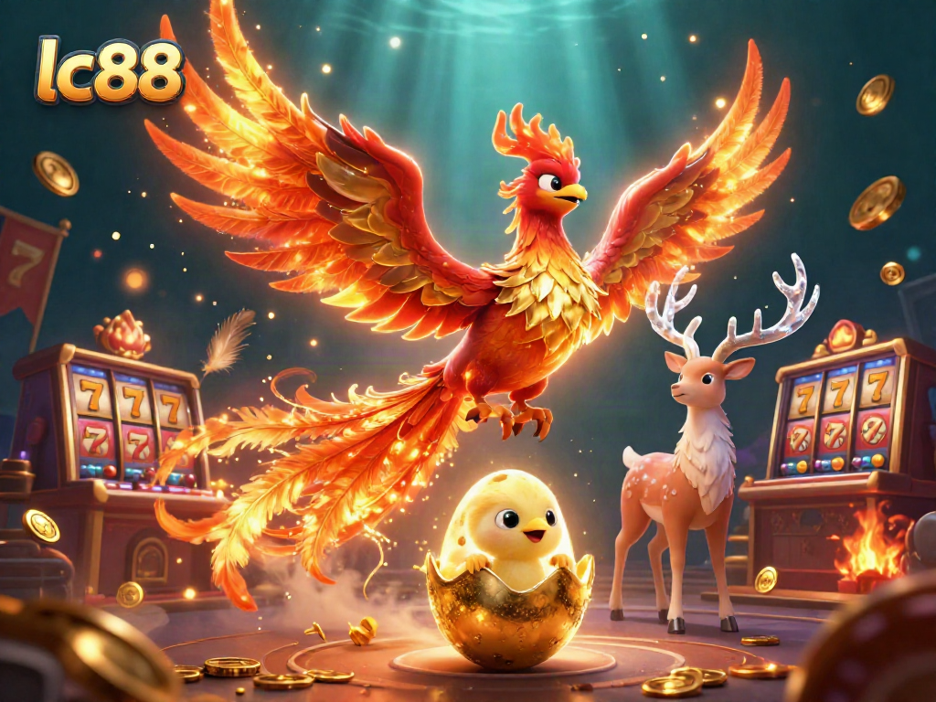 Play exciting games at lc88, where a mystical phoenix soars above a vibrant casino scene.