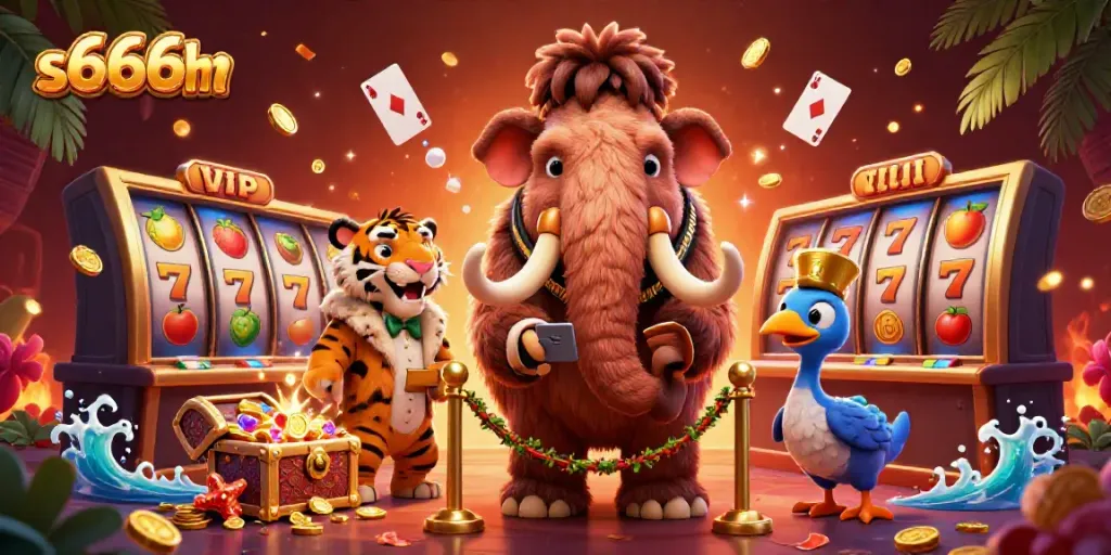 Experience the excitement of s666hn casino with a colorful 3D scene of characters and slot reels.
