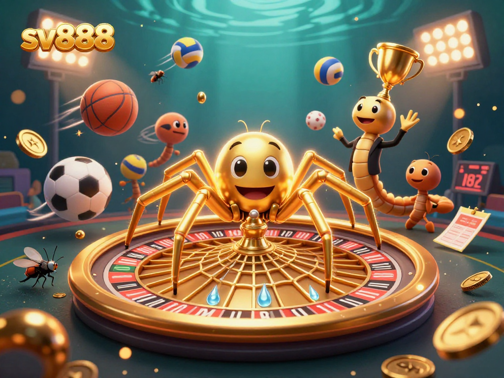 Experience thrilling bets with sv888 in a colorful, energetic casino scene featuring a spider croupier.