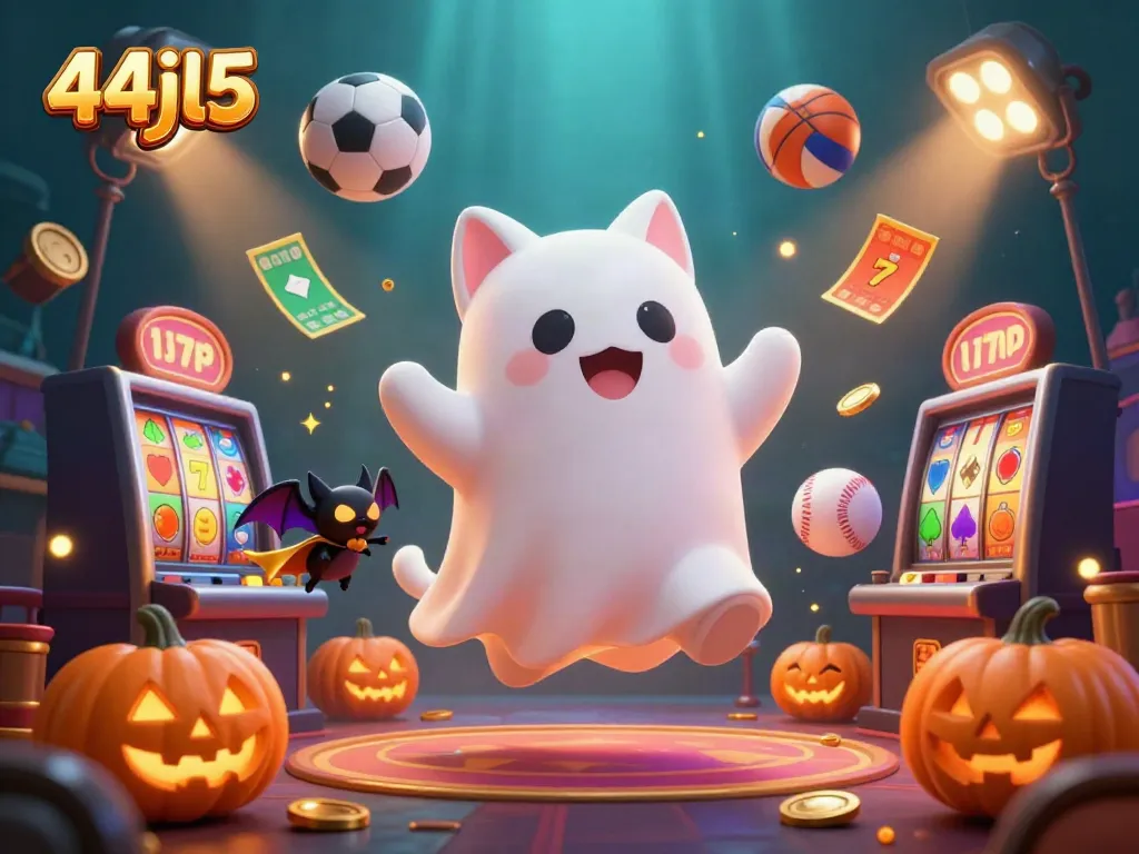 Engage with the ghost cat and bat in a haunted casino setting at 44jl5, capturing dynamic gaming thrills.