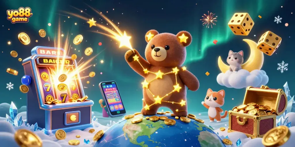 Engage with the magical yo88-game experience as the constellation bear collects coins amidst vibrant casino elements.